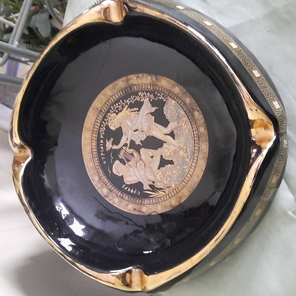 Other - Vintage Handmade Black and 24k Gold Ashtray Made in Greece Harp Scene